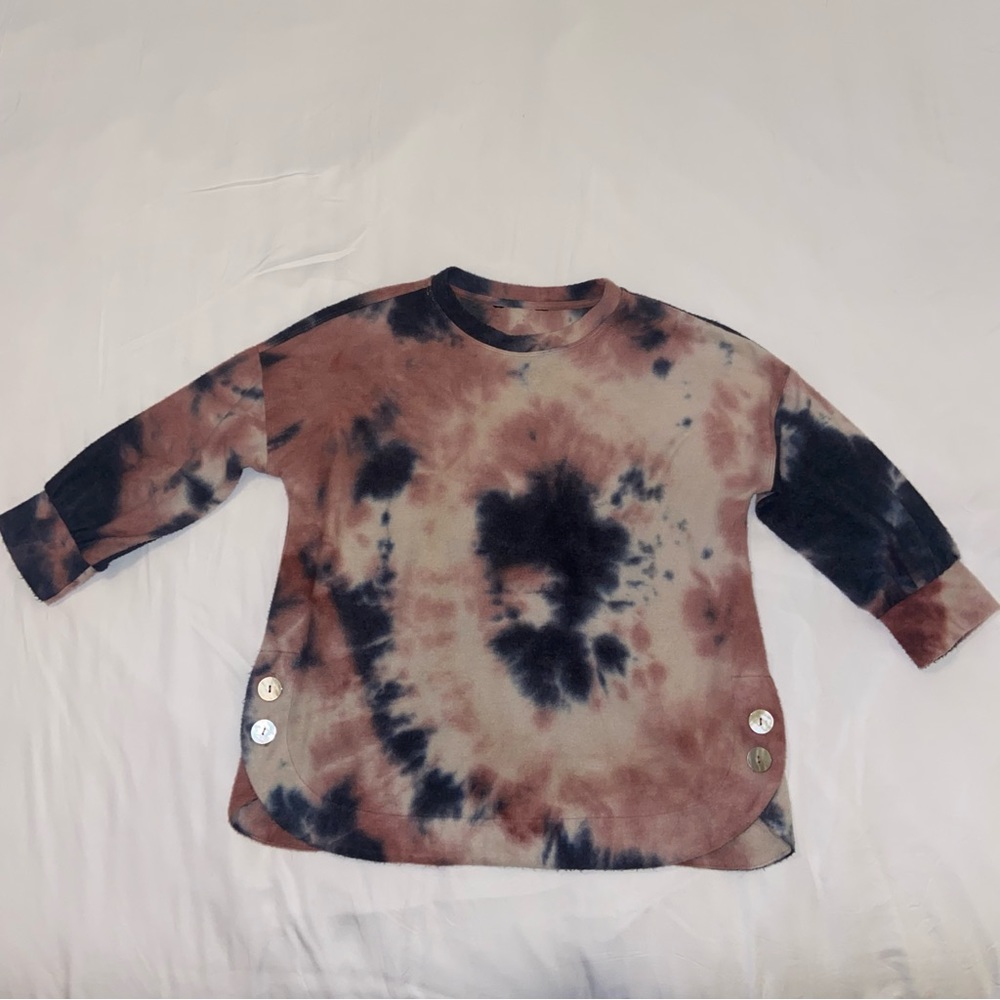 Ali Miles Tie Dye Brushed Knit 3/4 Balloon Sleeve Pullover Top XS/S Tag Cut Out